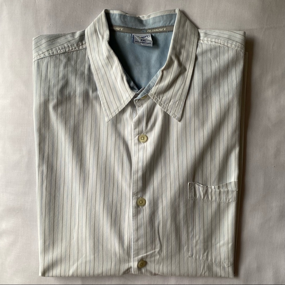 Old Navy White Short Sleeve Button-Up with Light Blue & Brown Pinstripe Sz XXL